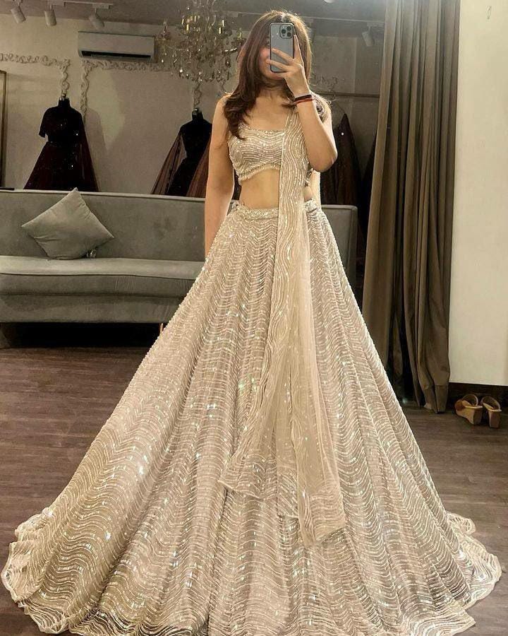 Organza Silk Lehenga Choli, Sequins Work, Semi Stitched Bridal Wedding Party Wear