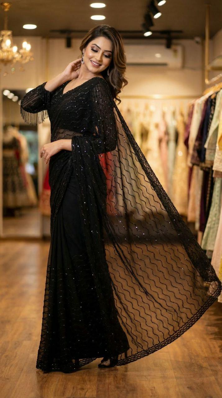 Pure Space Silk Saree | Diamond Work, Cutwork Border, Designer Blouse