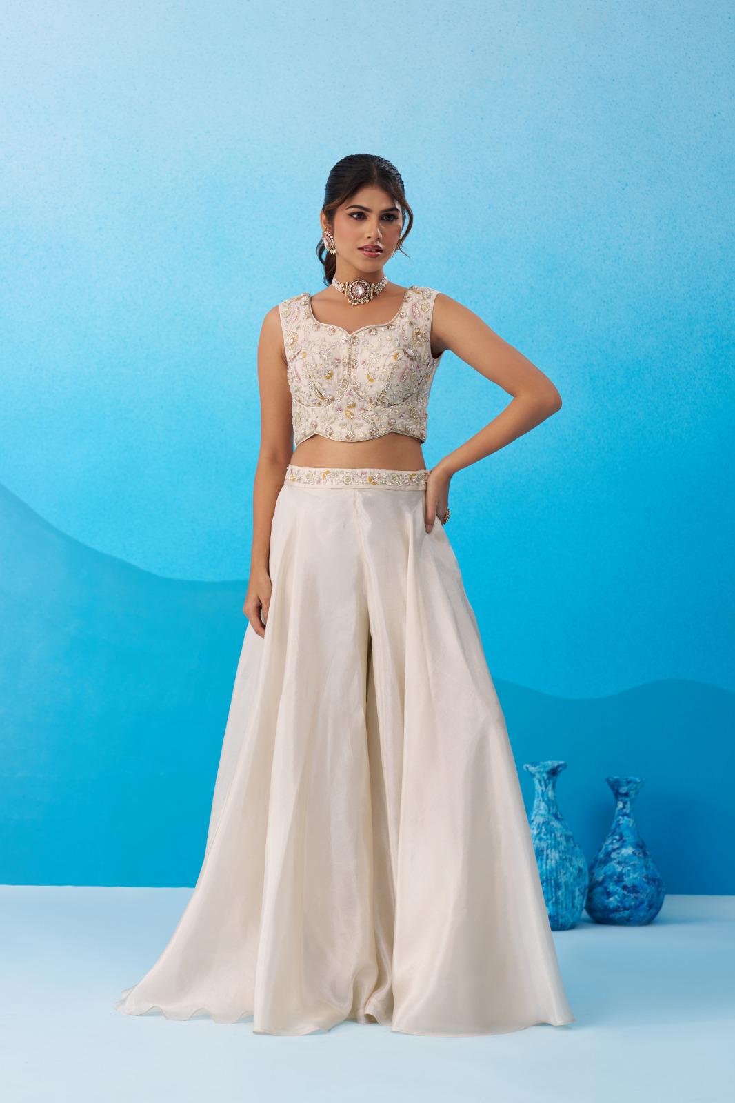 Cream Viscose Crop Top Palazzo Set with Pink Cape, Beads Embroidery Festive Co-Ord