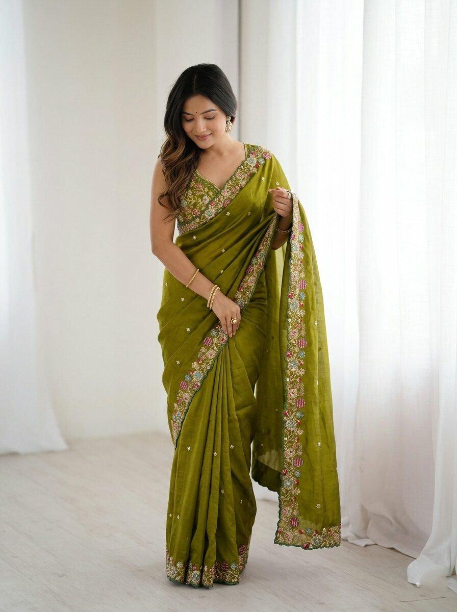 Fendy Satin Silk Saree | Embroidery, Cutwork Border, Designer Wedding Wear