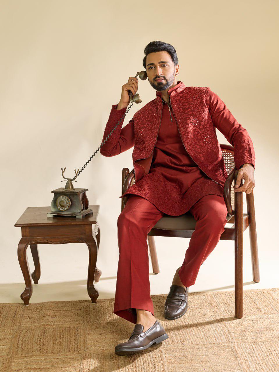 Art Silk Kurta Koti Set | Real Mirror Multi Thread Embroidery Wedding Outfit
