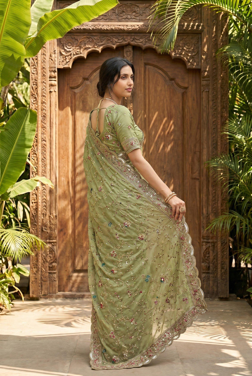 Embroidered Star Georgette Saree | Cutwork Border, Banglory Silk Blouse
