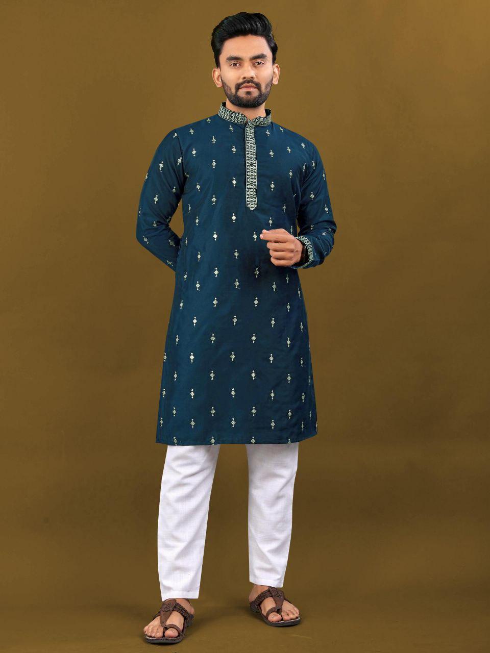 Men's Matka Silk Kurta Pajama Set | Silver Zari Embroidered Buti, Festive Wear