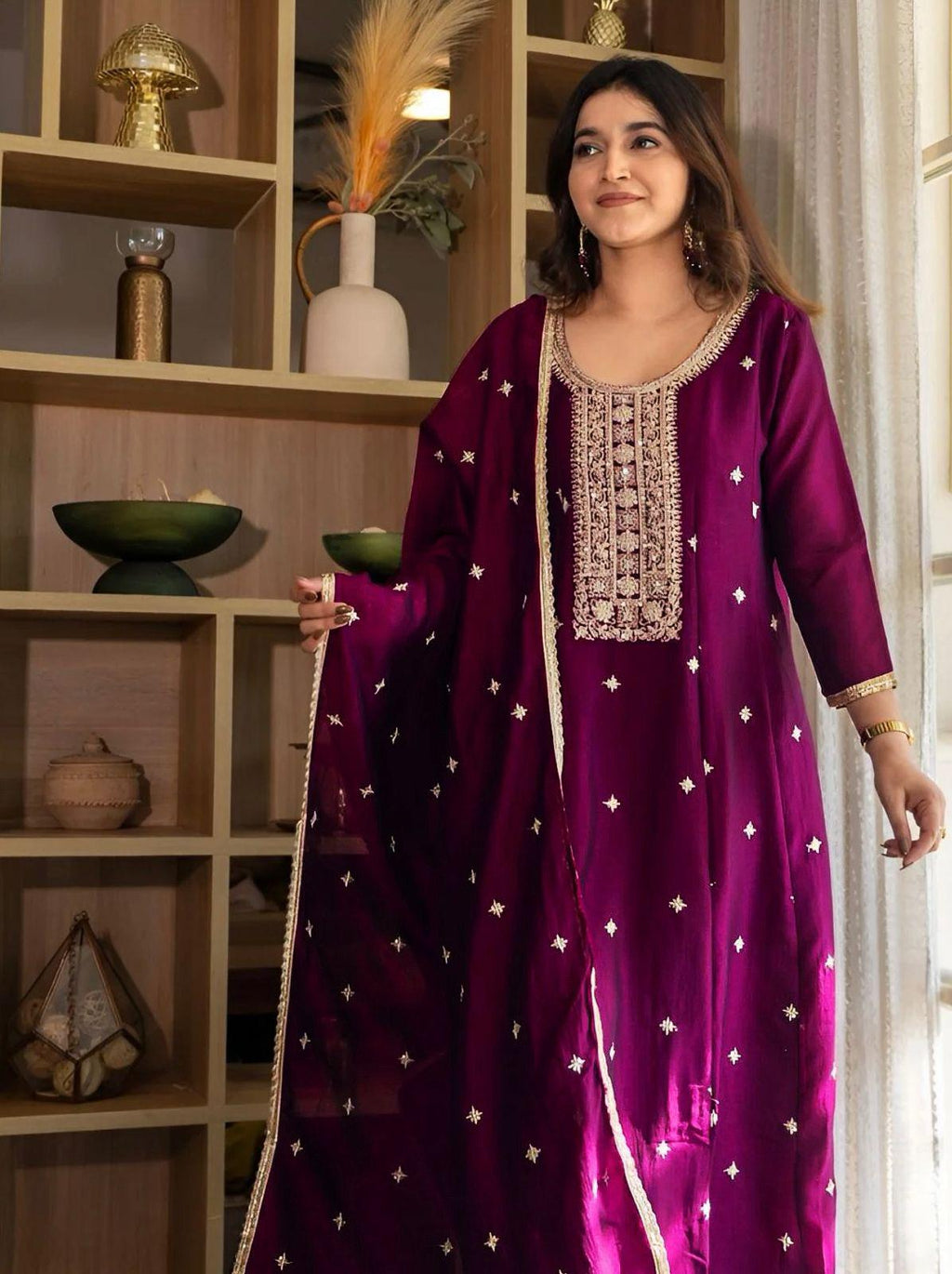 Embroidered Vichitra Silk Kurta Pant Set, 48 Inch Festive Ethnic Wear (M-3XL)
