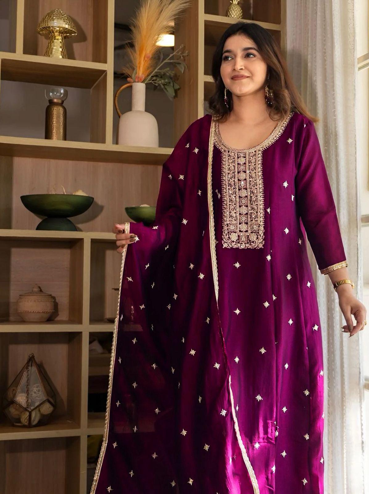 Embroidered Vichitra Silk Kurta Pant Set, 48 Inch Festive Ethnic Wear (M-3XL)