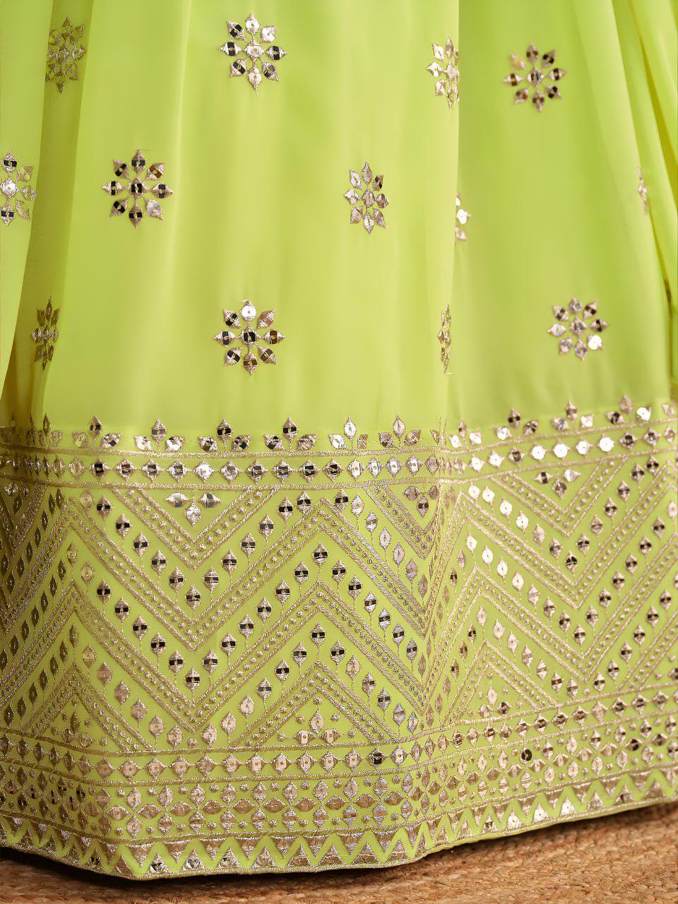 Lime Green Georgette Lehenga Choli Set | Zari Sequins Embroidered Festive Outfit