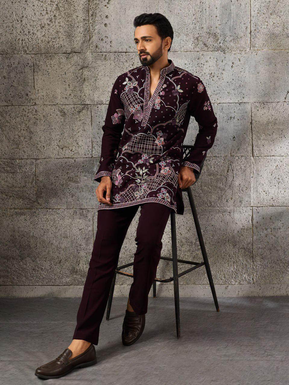 Men's Japanese Fabric Kurta Pant Set | Designer Festive Wear with Beads Work