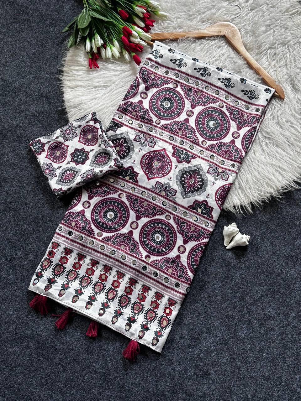 Ajrakh Print Semi Modal Silk Saree | Real Mirror Work, Pom Pom Pallu, Party Wear