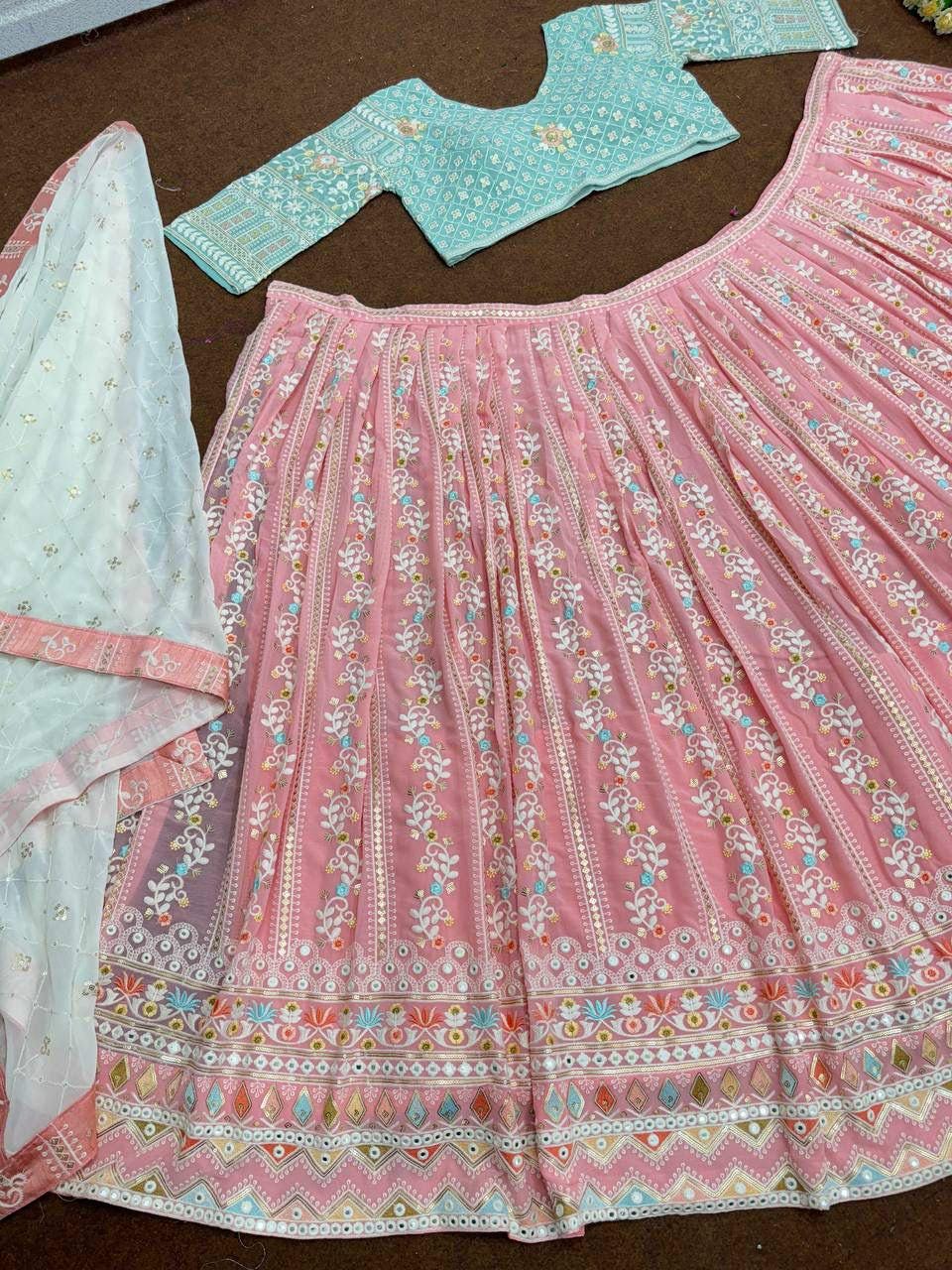 Embroidered Faux Georgette Lehenga Choli Set with Dupatta, Bridal Wedding Wear
