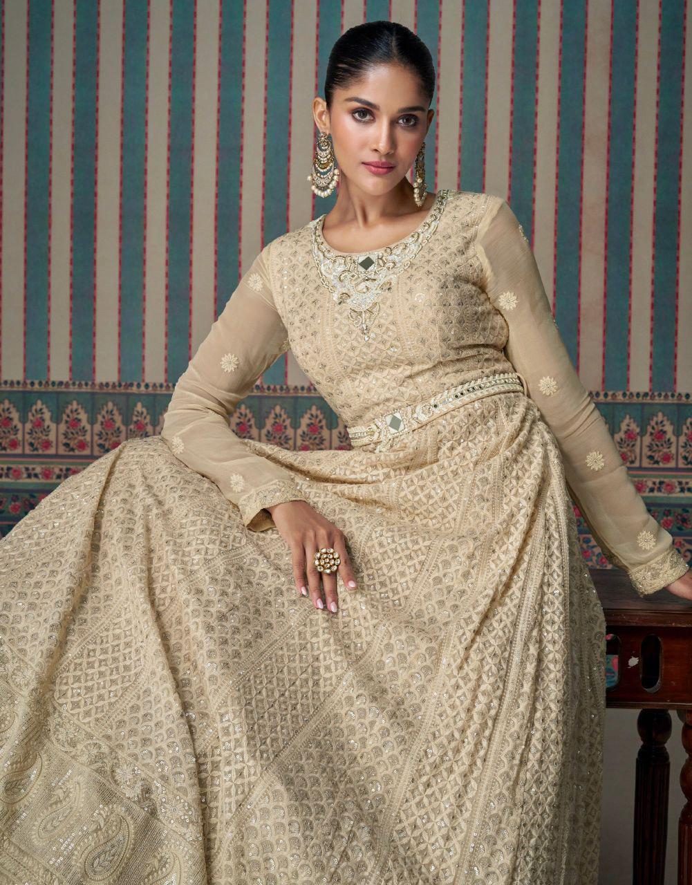 Cream Embroidered Faux Georgette Gown with Dupatta, Festive Party Wear Indian Dress