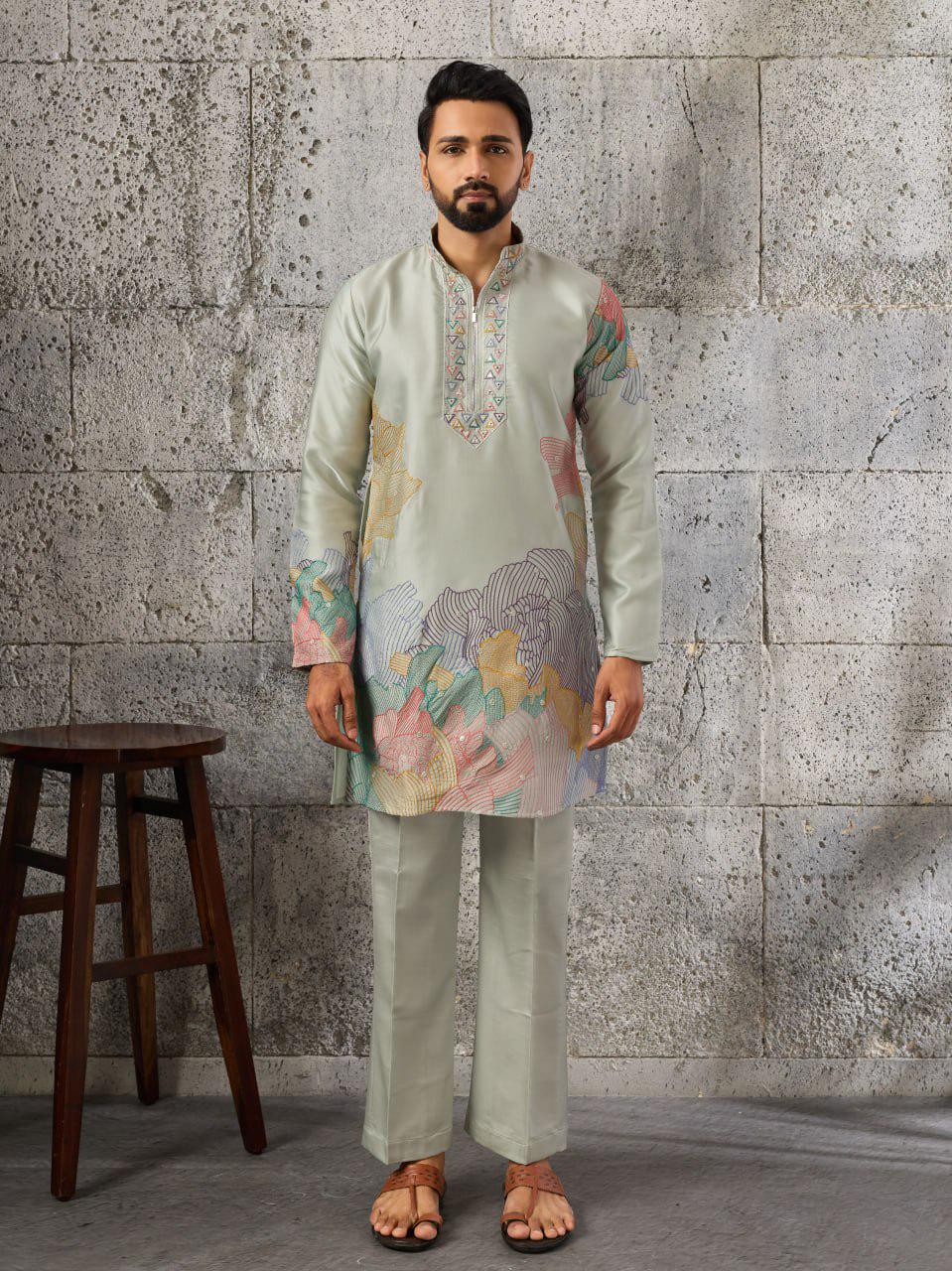 Men's Silk Kurta Pant Set | Thread Sequin Embroidery Festive Outfit