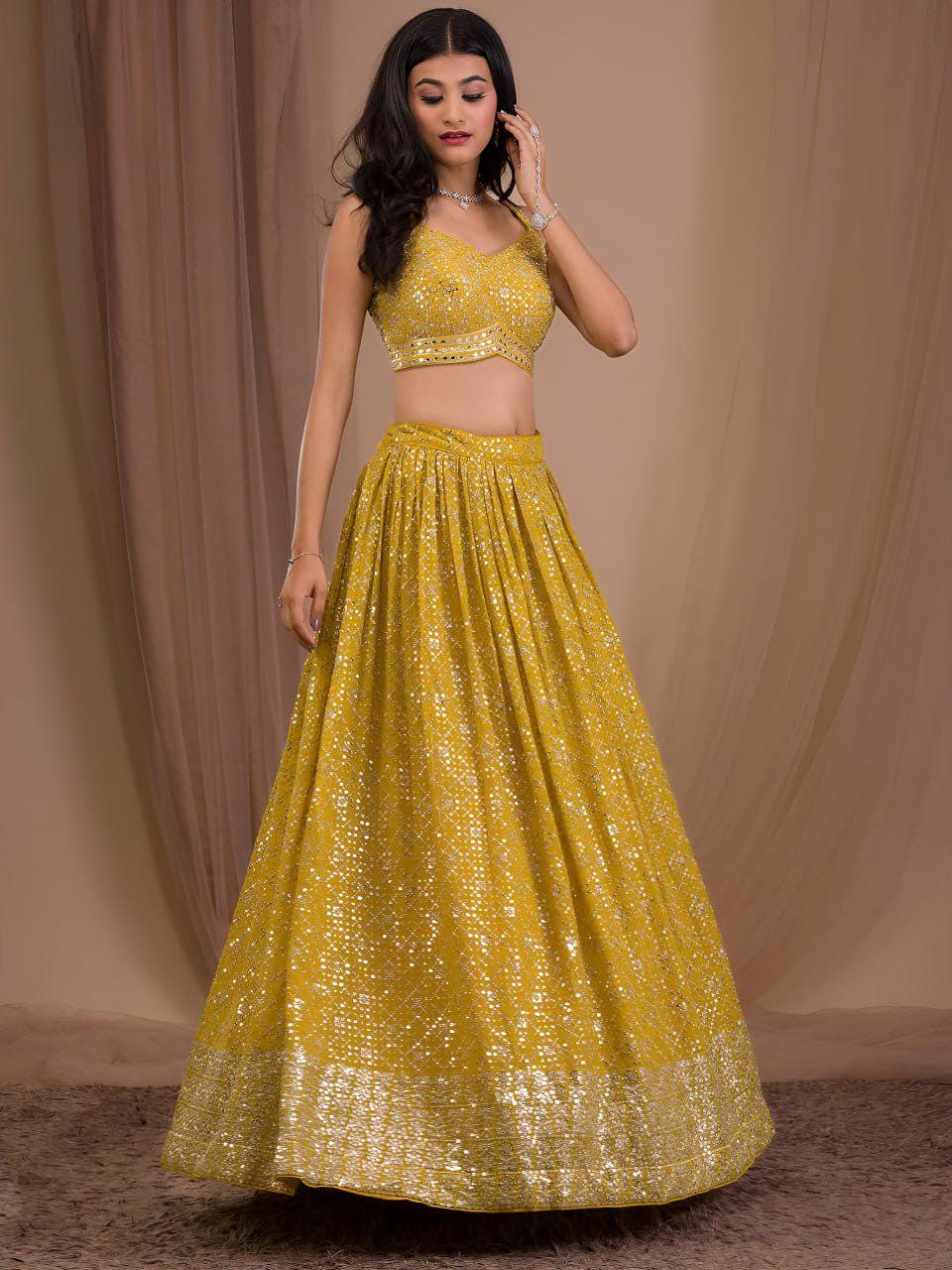 Mustard Yellow Georgette Lehenga Choli Set | Zari Sequins Embroidered Wedding Outfit Net Dupatta