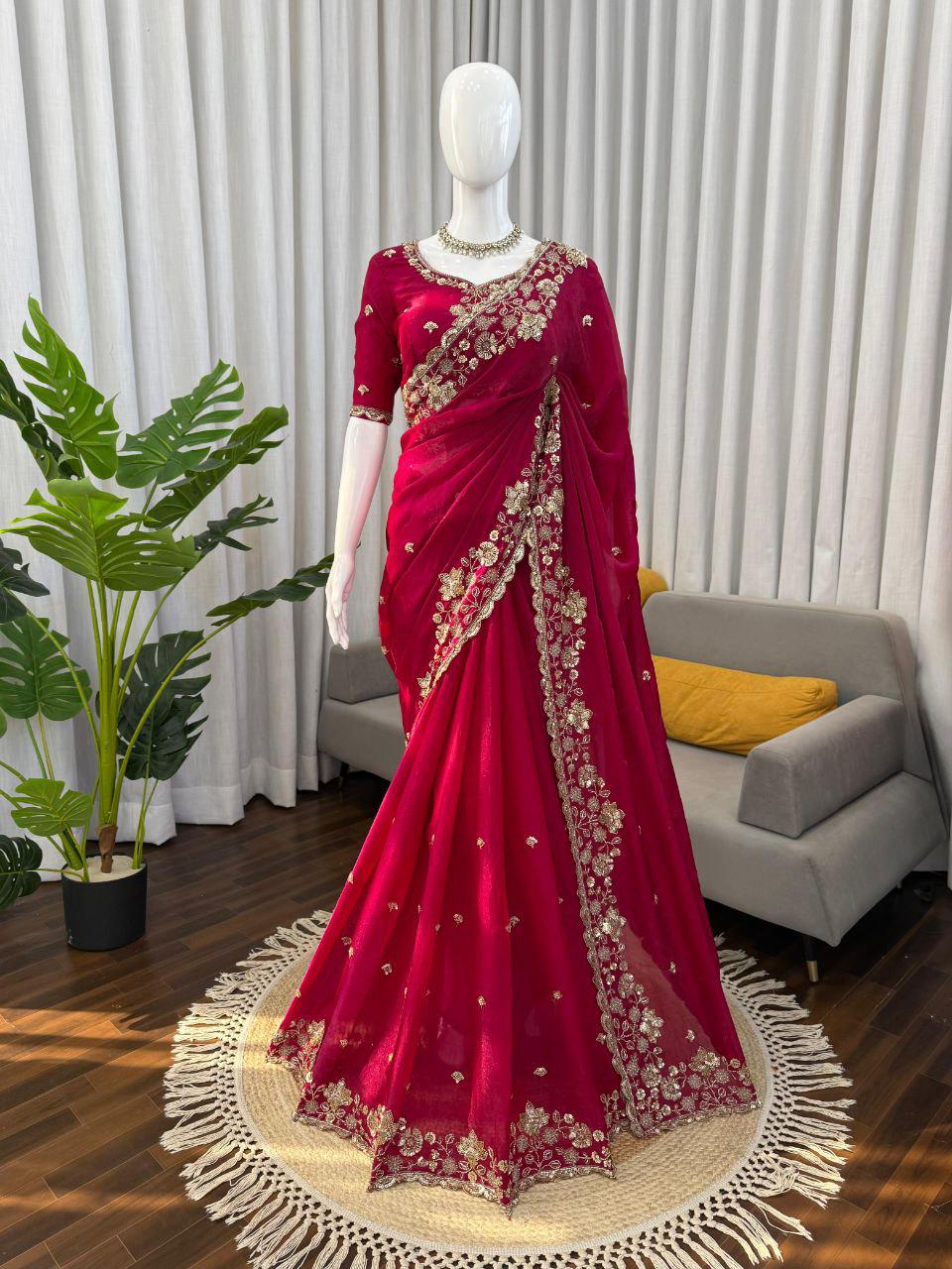 Luxury Fendy Silk Saree with Heavy Bead & Sequin Embroidery