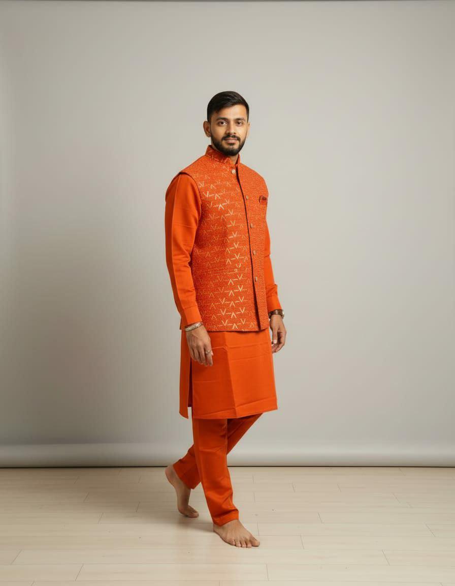 Men's Silk Kurta Pant Set with Embroidered Koti | Festive Ethnic 3-Piece Outfit