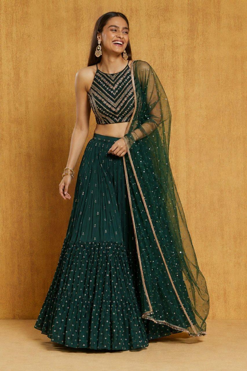 Georgette Lehenga Choli Set, Zari Sequin Embroidery, 7.5 Meter Flare, Wedding Designer Ensemble