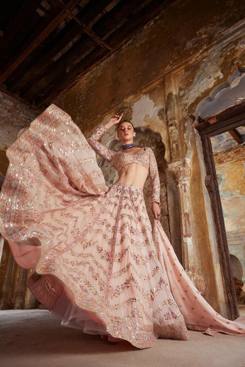 Faux Georgette Lehenga Choli, Paper Mirror Zari Thread, 3.25 Meter Flair, Indian Party Wear