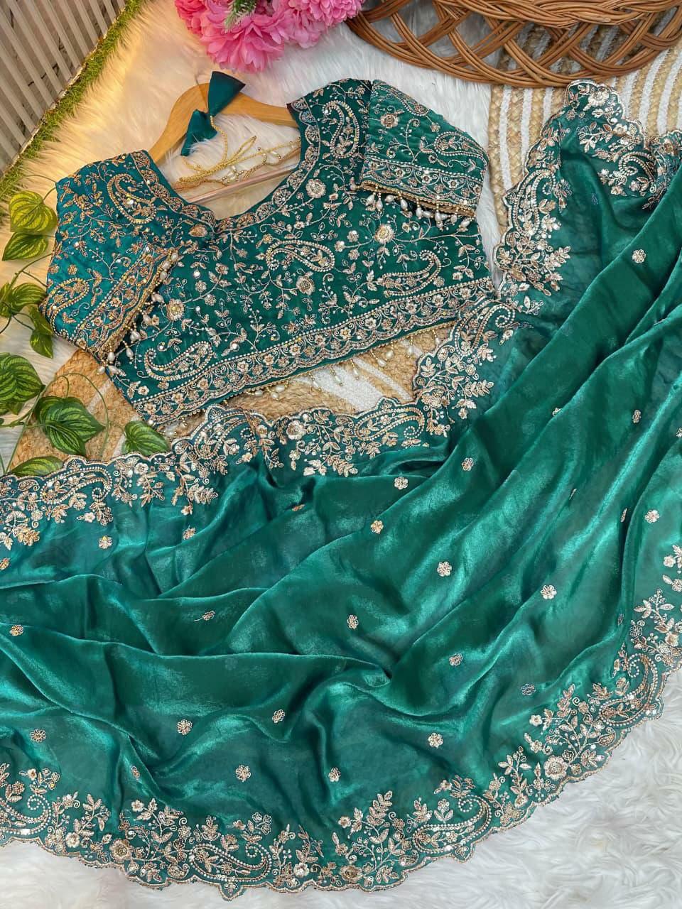 Fandy Satin Saree | Silver Zari Embroidery, Arco Cutwork Border, Wedding Guest Saree