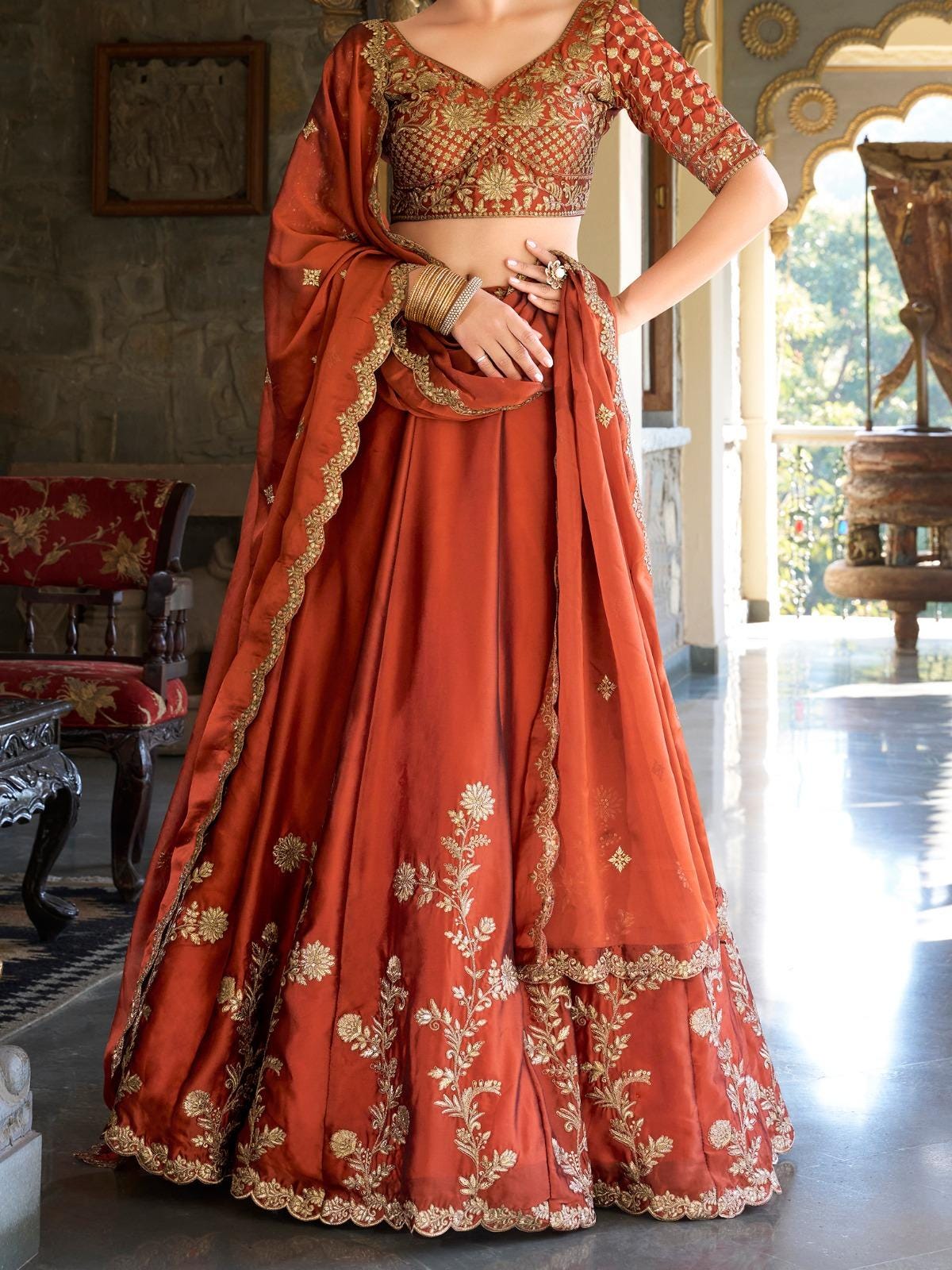 Rangoli Silk Embroidered Lehenga Choli Set, Zari Dori Sequins Work, Indian Wedding Outfit
