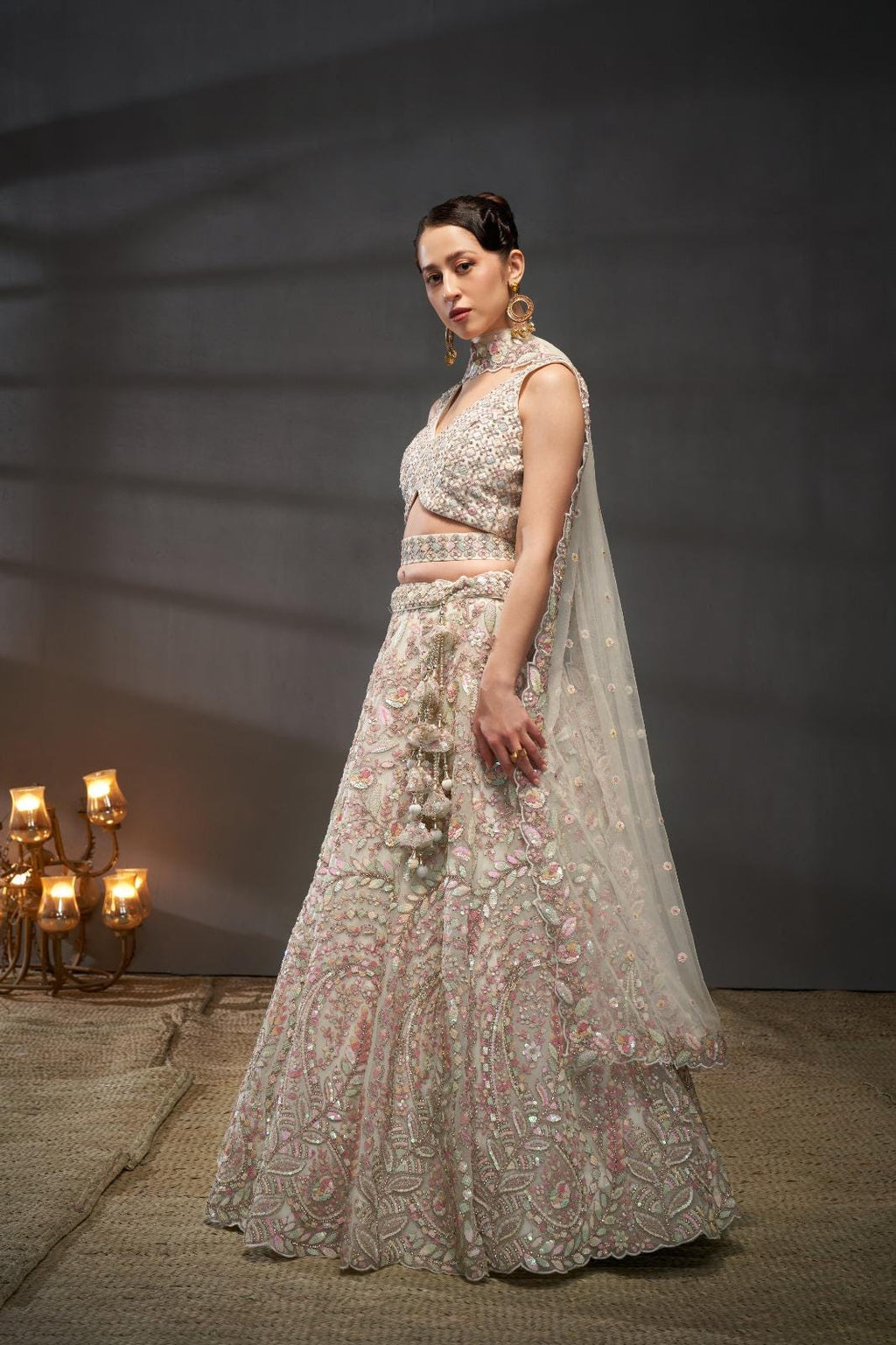 Cream Net Lehenga Choli Set | Multicolor Sequins Zarkan Embroidery, Bridal Wear