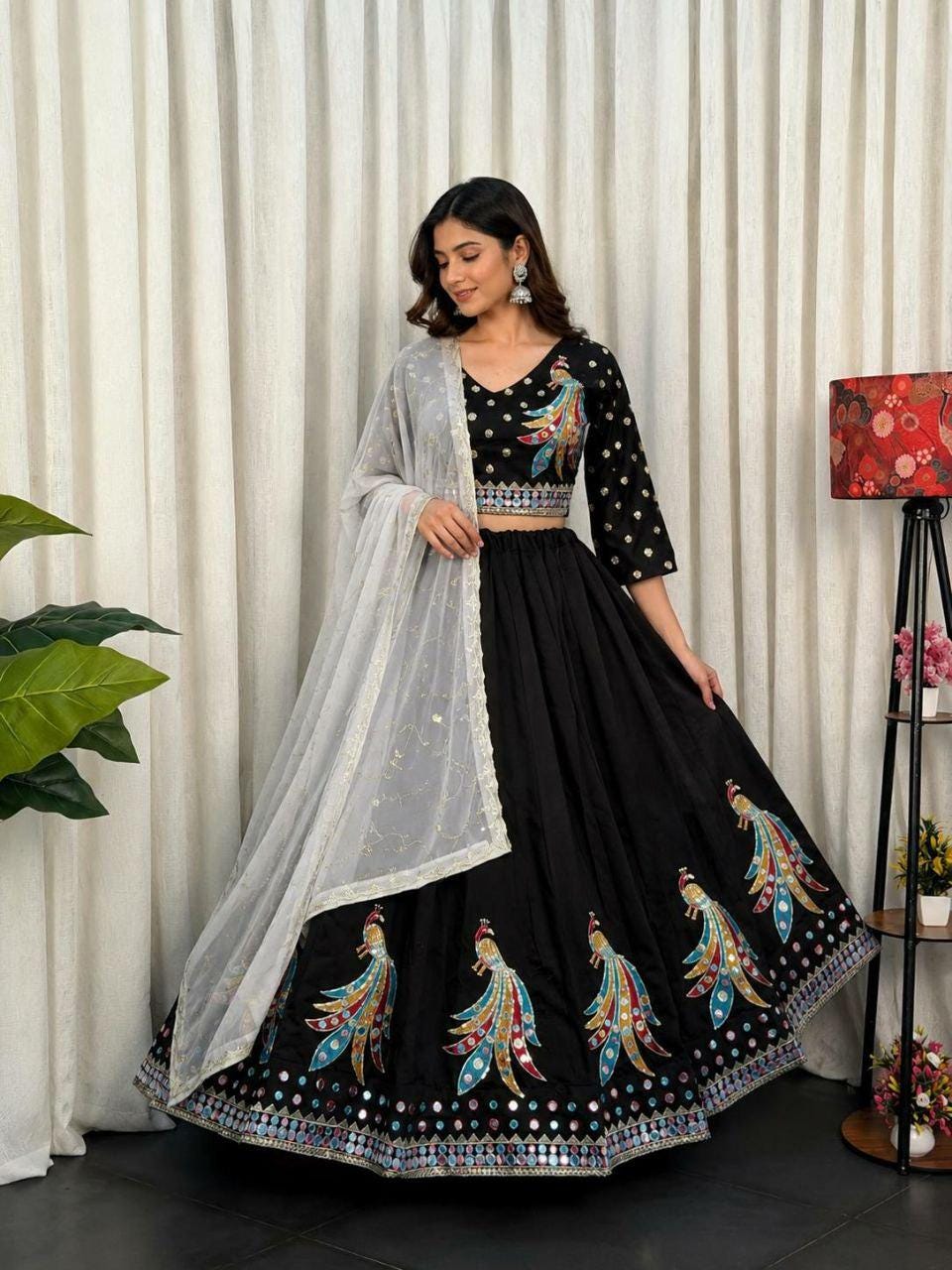Embroidered Roman Silk Lehenga Choli Set | Peacock Sequin Work Wedding Outfit