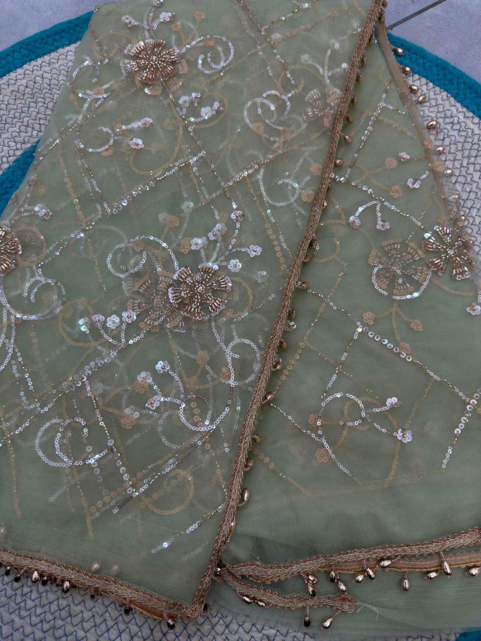 Designer Net Saree | Beads, Pearls, Sequins Embroidery | Party Wedding Wear (Unstitched Blouse)