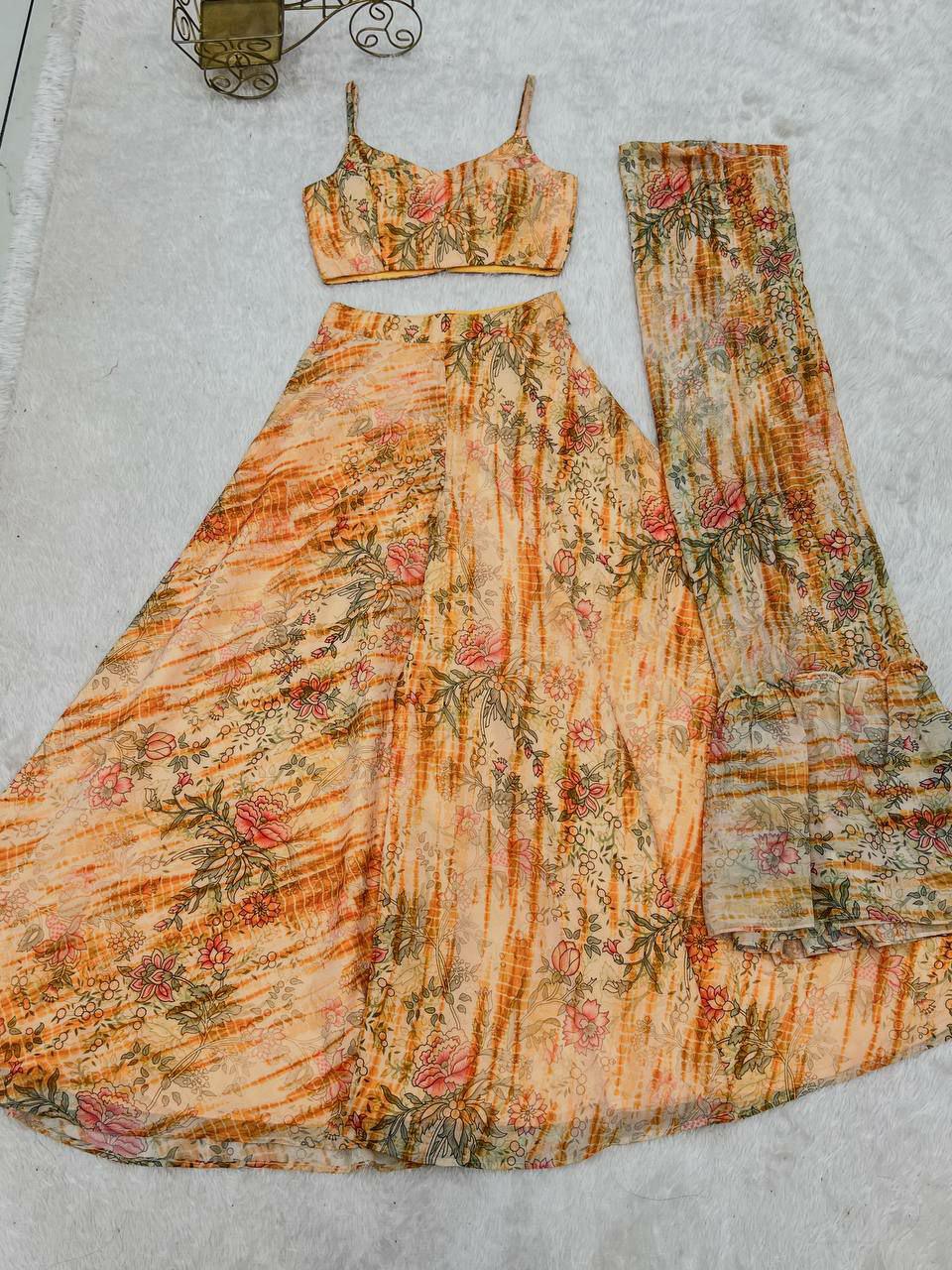 Floral Print Shrug Set, Crop Top Palazzo Co Ord, Fox Georgette Ethnic Outfit