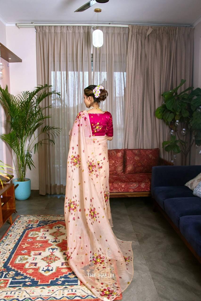 Soft Tabi Floral Print Saree with Cut Dana Handwork, Summer Party Wear Chinon Blouse