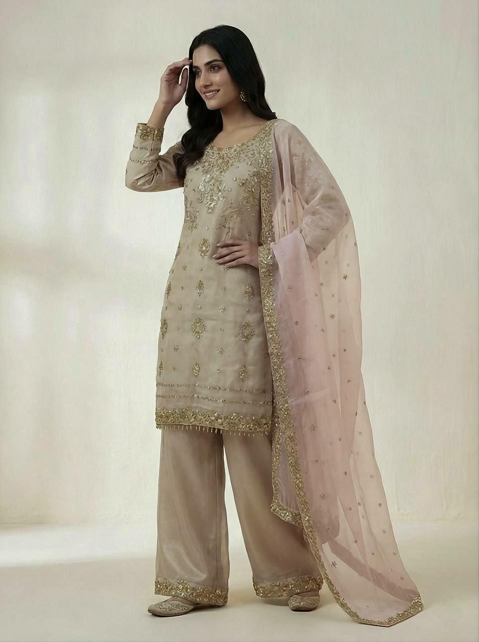 Pure GMY Silk Palazzo Suit Set, Sequin Embroidery, Festive Party Wear Kurta Dupatta