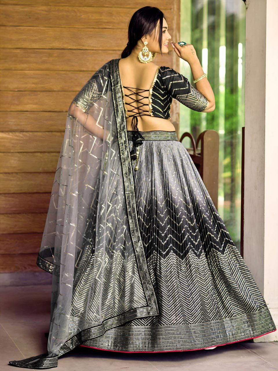 Black Chinnon Lehenga Choli Set | Sequin Embroidered Wedding A-Line Lehenga, Net Dupatta