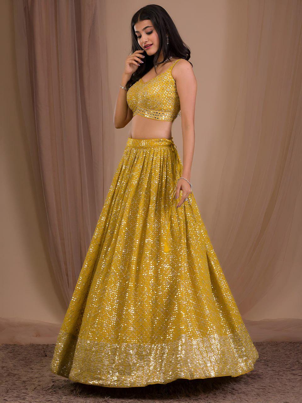 Mustard Yellow Georgette Lehenga Choli Set | Zari Sequins Embroidered Wedding Outfit Net Dupatta