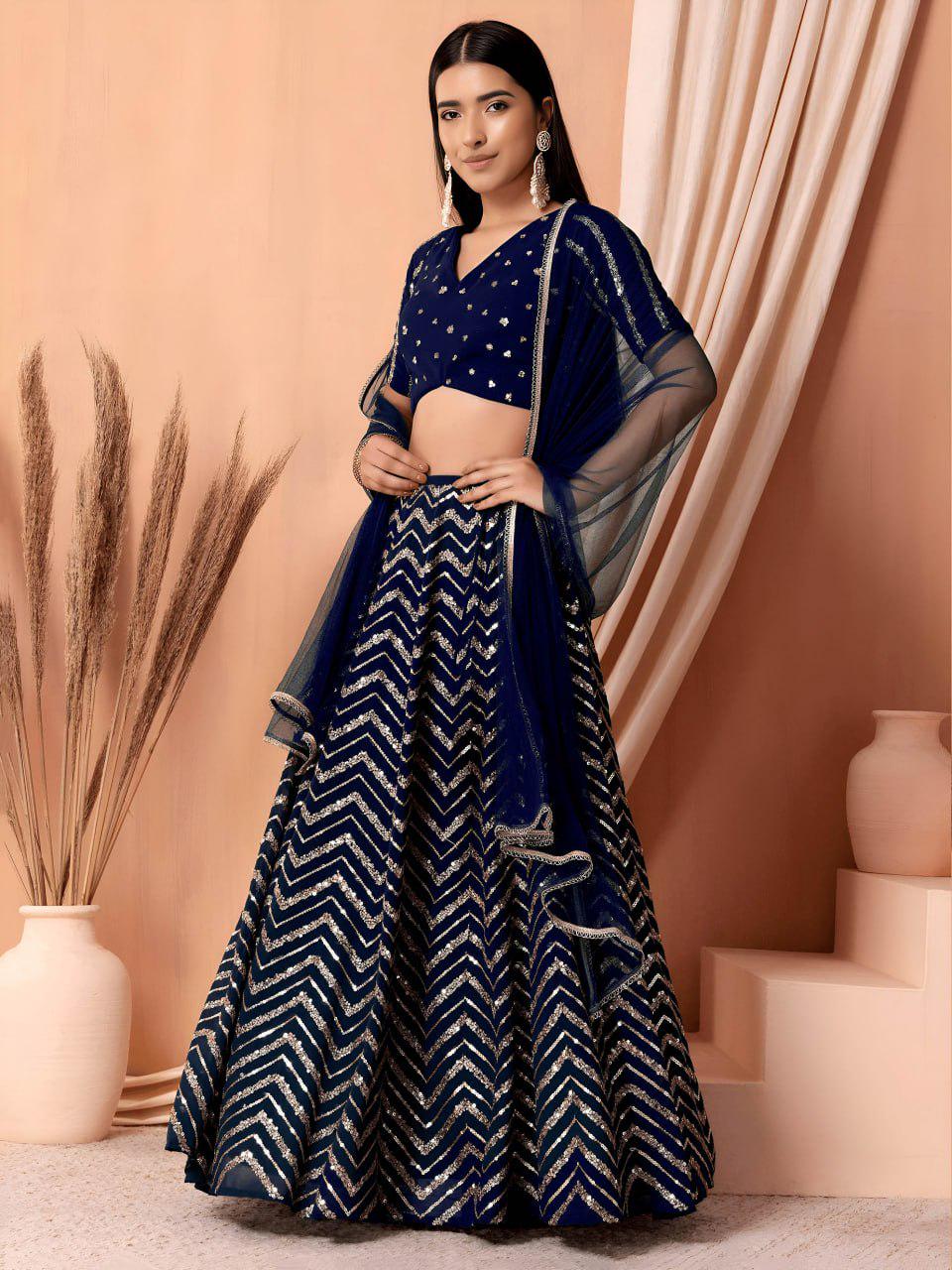 Deep Navy Georgette Lehenga Choli Set | Sequin Embroidered Wedding Party Wear (Semi-Stitched)