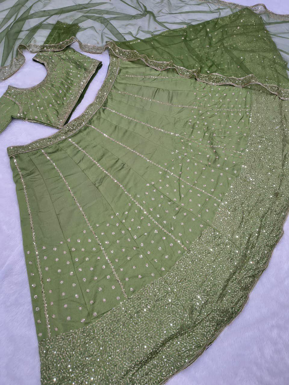 Vichitra Silk Lehenga Choli, Zari Sequins Embroidery, Semi Stitched Wedding Set