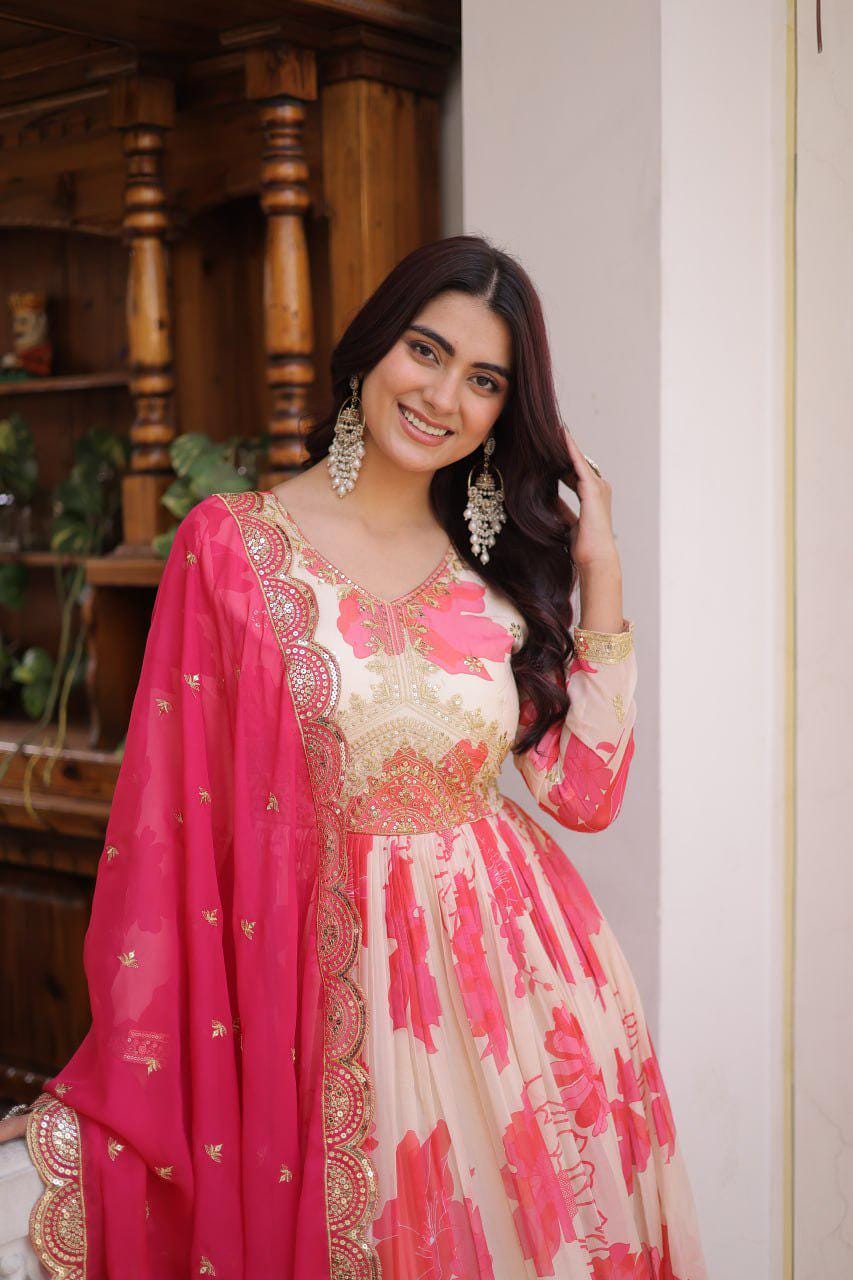 Russian Silk Anarkali Gown, Digital Print, Zari Sequins Embroidery, Flared Ethnic Dress