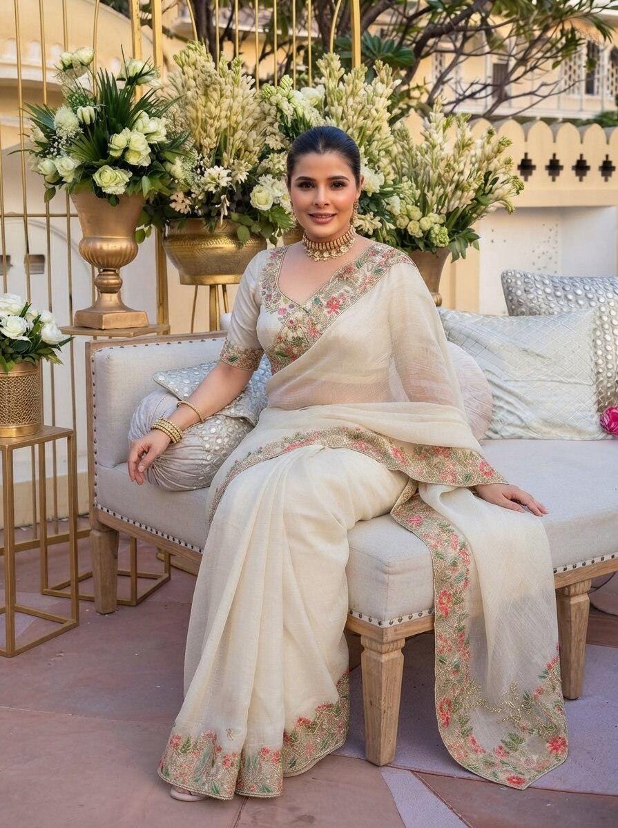 Fendy Satin Silk Saree with C-Pallu Embroidery | Designer Wedding Wear Blouse Piece