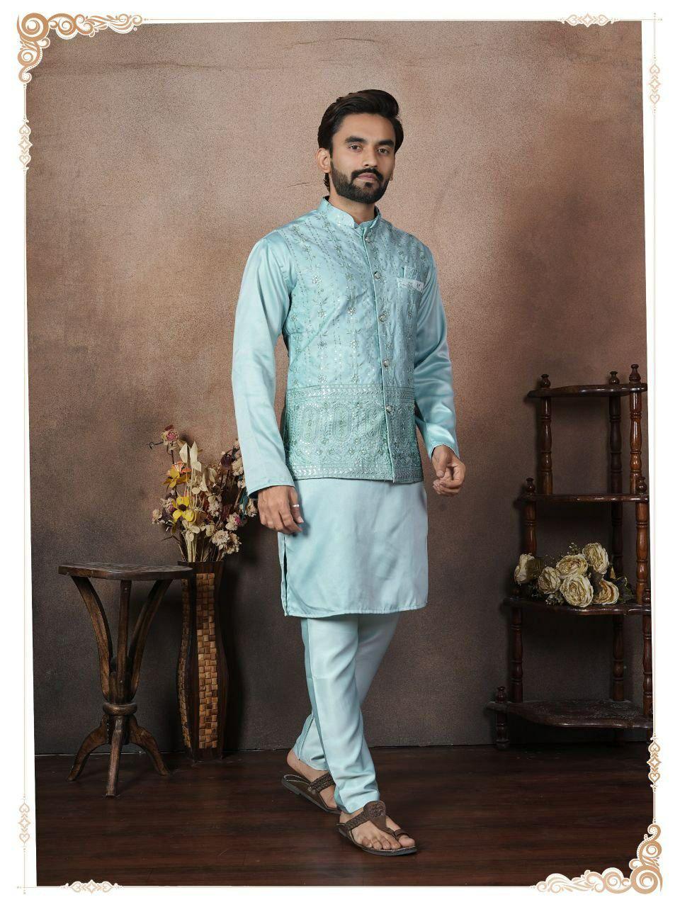 Men's Malai Satin Kurta Koti Pyjama Set, Wedding Ethnic Party Wear