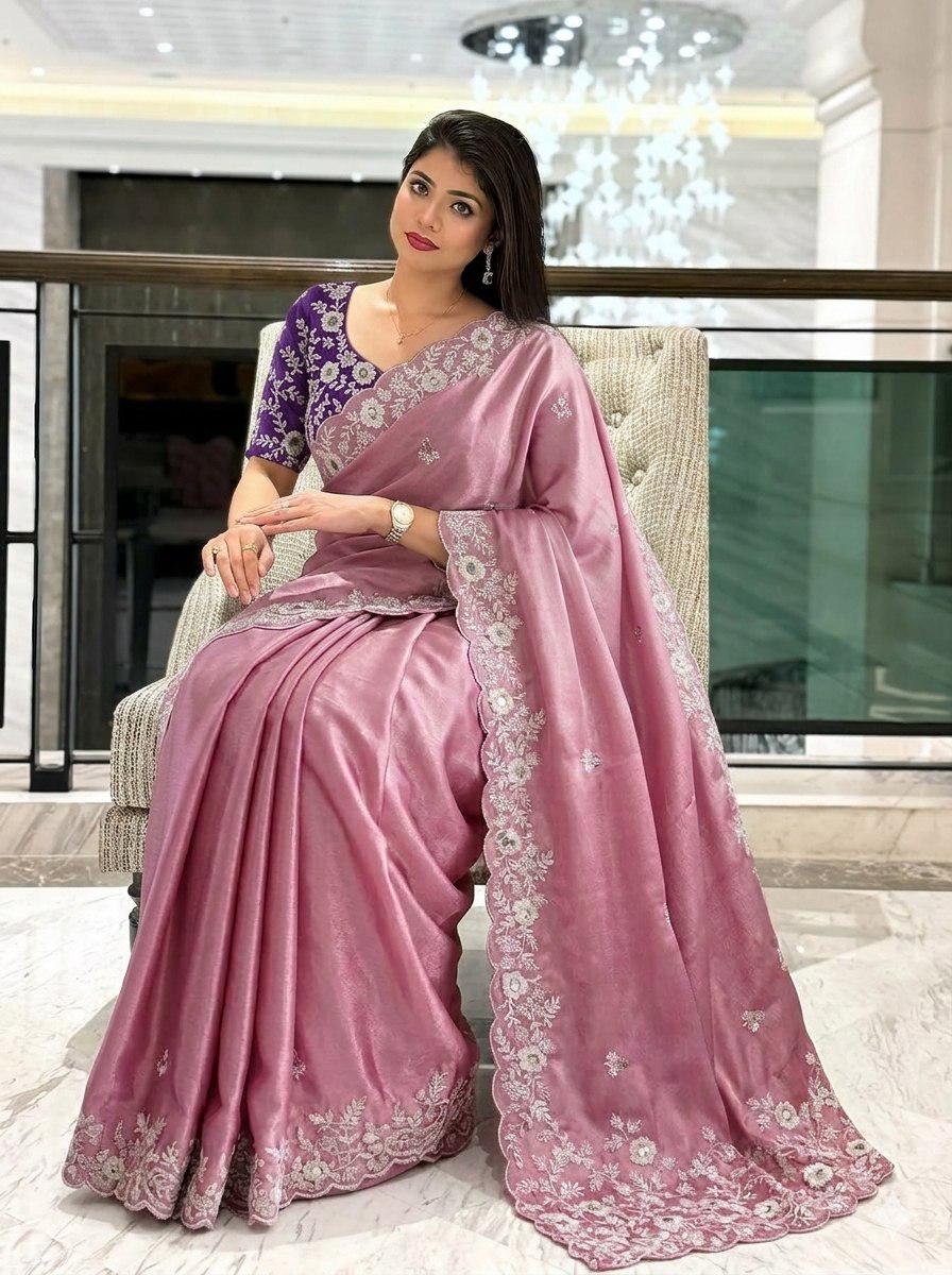 Pure Chinon Silk Saree | Cutwork Border, Heavy Embroidery Blouse Piece