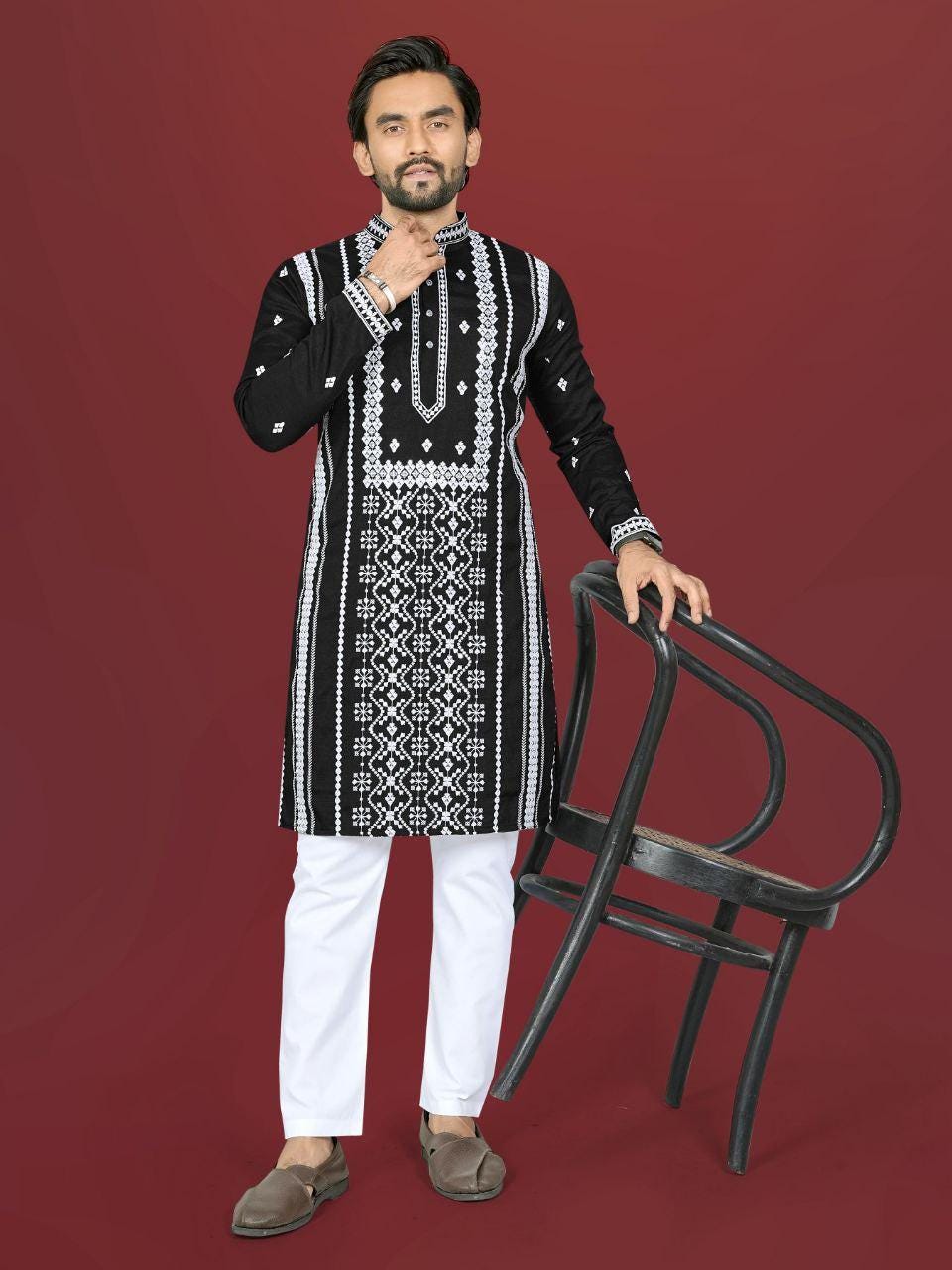 Men's Silk Kurta Pajama Set | Embroidered Silver Sequin Work, Festive Wear