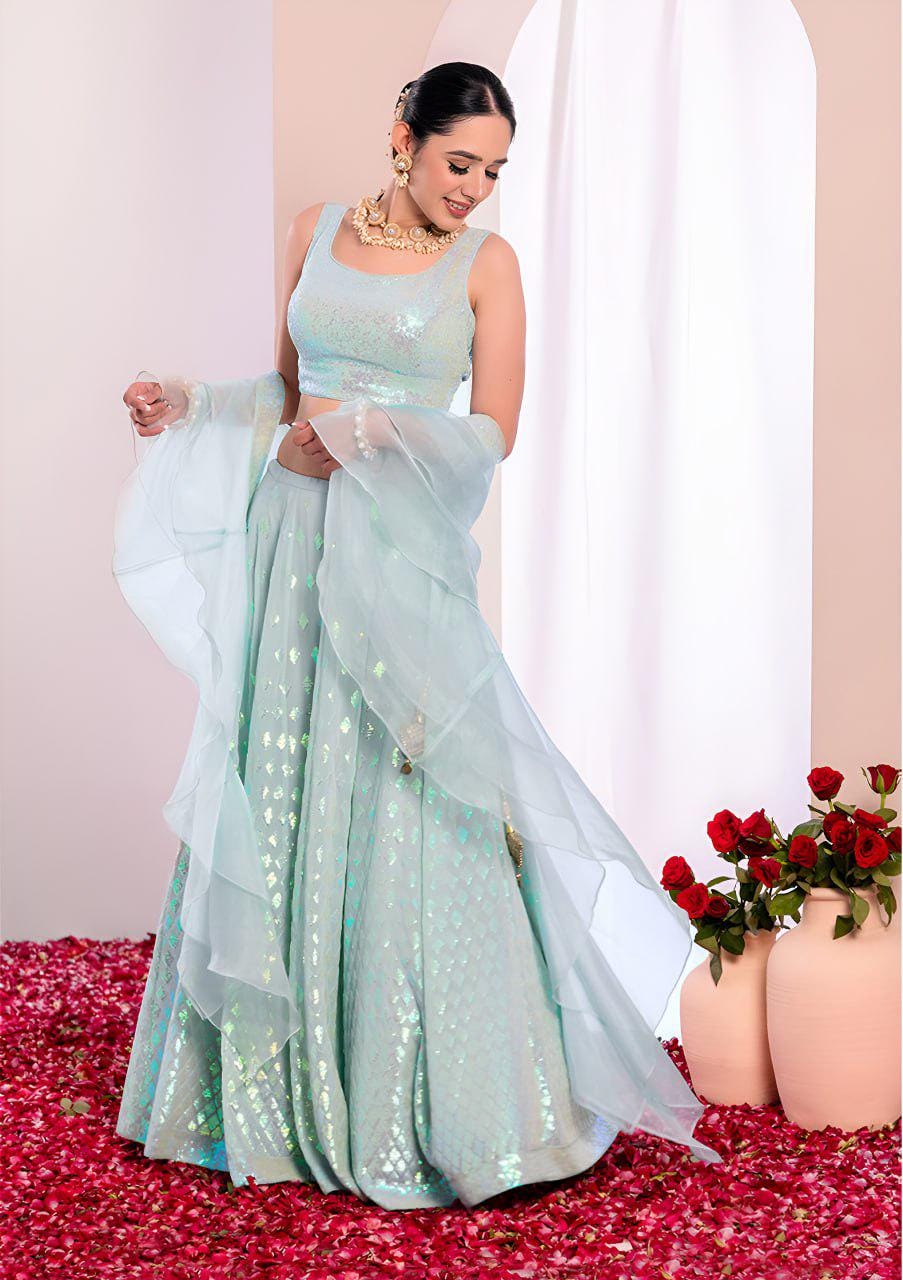 Icy Aqua Heavy Georgette Lehenga Choli | Sequin Embroidered Ruffle Dupatta, Wedding Wear