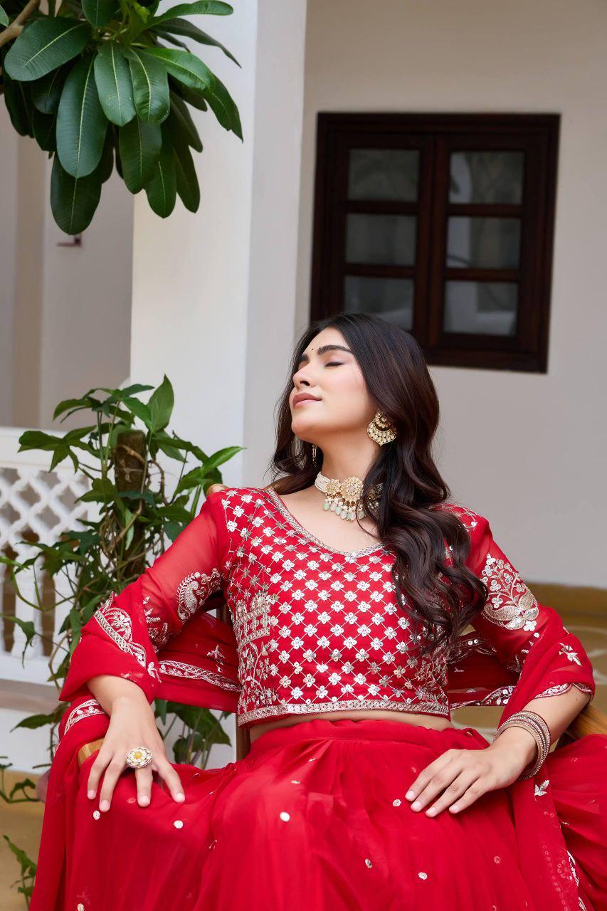 Heavy Fox Georgette Lehenga Choli Set | Red Wedding Party Wear Embroidery Sequin Work