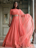 Peach Georgette Lehenga Choli Set | Thread Sequins Embroidered | Semi-Stitched Wedding Outfit
