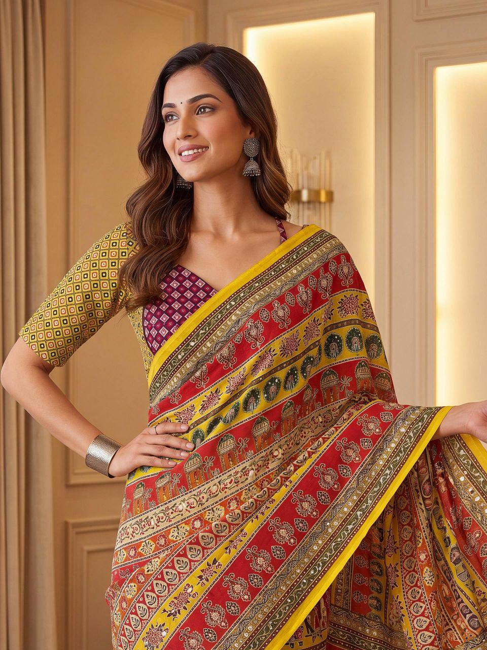 Chinon Ajrak Print Saree with Real Mirror Work | Festive Indian Wedding Wear (Unstitched Blouse)