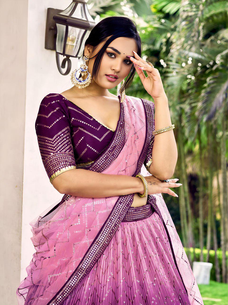 Purple Chinnon Lehenga Choli Set | Thread Sequin Embroidered Wedding A-Line Lehenga, Net Dupatta