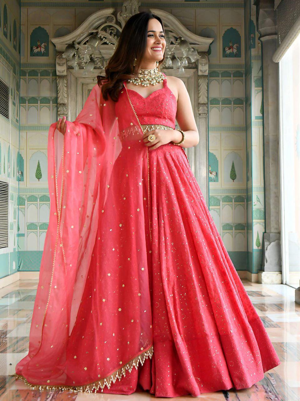 Coral Pink Georgette Lehenga Choli Set | Thread Sequins Embroidered Dupatta