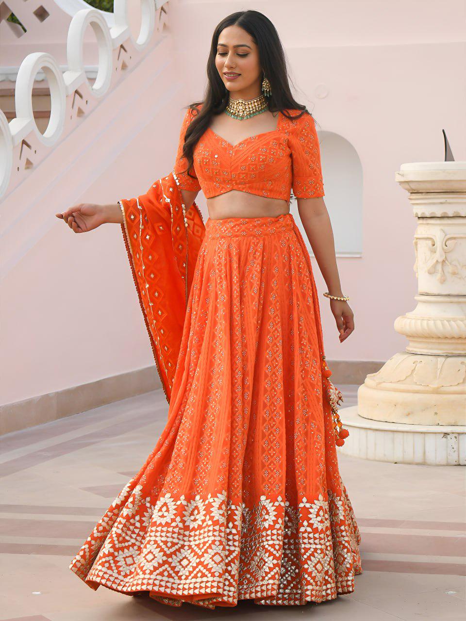 Orange Georgette Lehenga Choli Set | Embroidered Gottapatti, Sequins | Semi-Stitched Outfit, Organza Dupatta