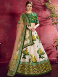 Ivory Floral Lehenga Choli | Green Embroidered Blouse, Net Dupatta, Semi-Stitched Wedding Wear