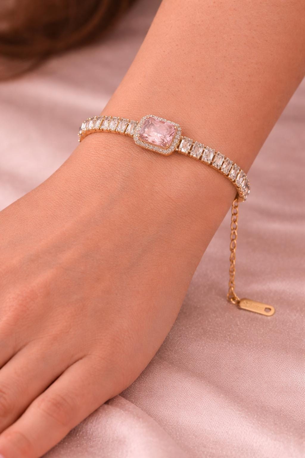 Pink Baguette Crystal Tennis Bracelet, Gold Stainless Steel, Waterproof Bridal Jewelry