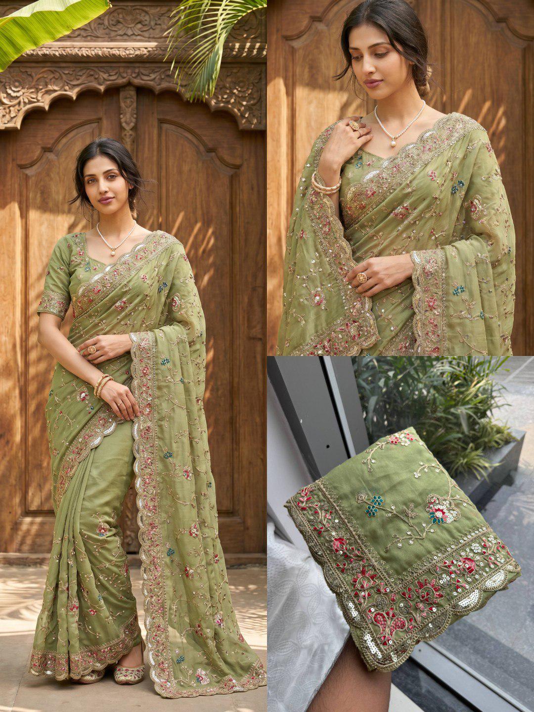 Embroidered Star Georgette Saree | Cutwork Border, Banglory Silk Blouse