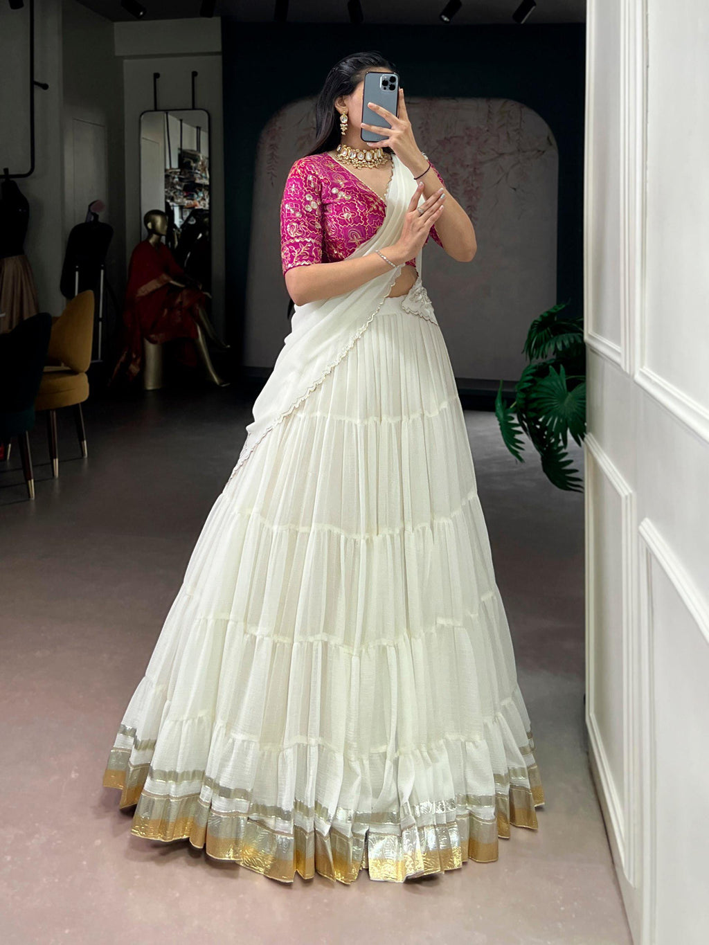 Marble Fabric Lehenga Choli Set, Bandhej Print Blouse, Foil Work Dupatta, 12 Meter Flair