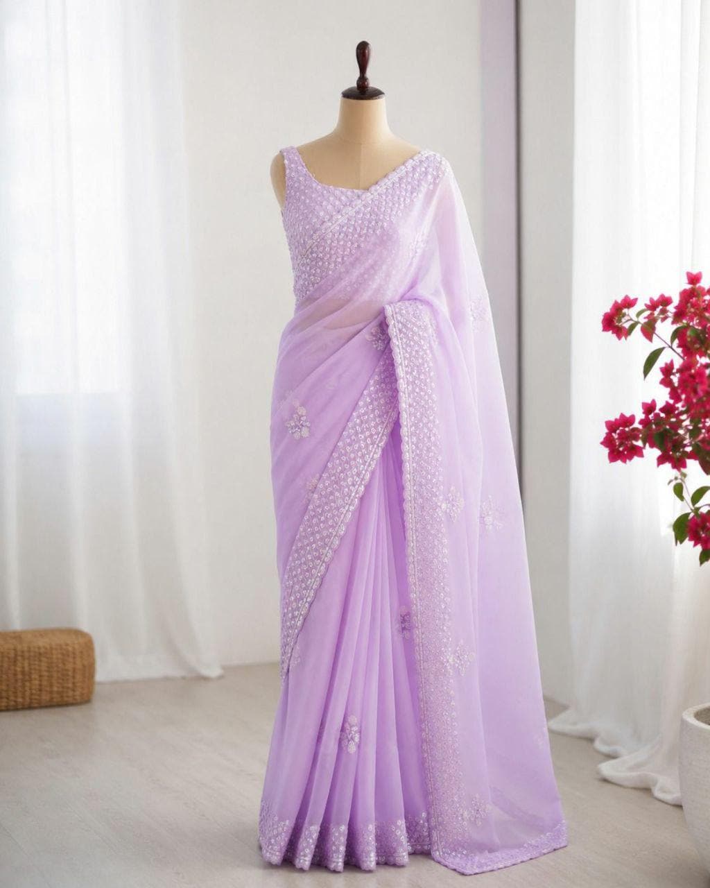 Soft Georgette Embroidered Saree | Sequin Cutwork Border, Diamond Silk Blouse, Party Wear