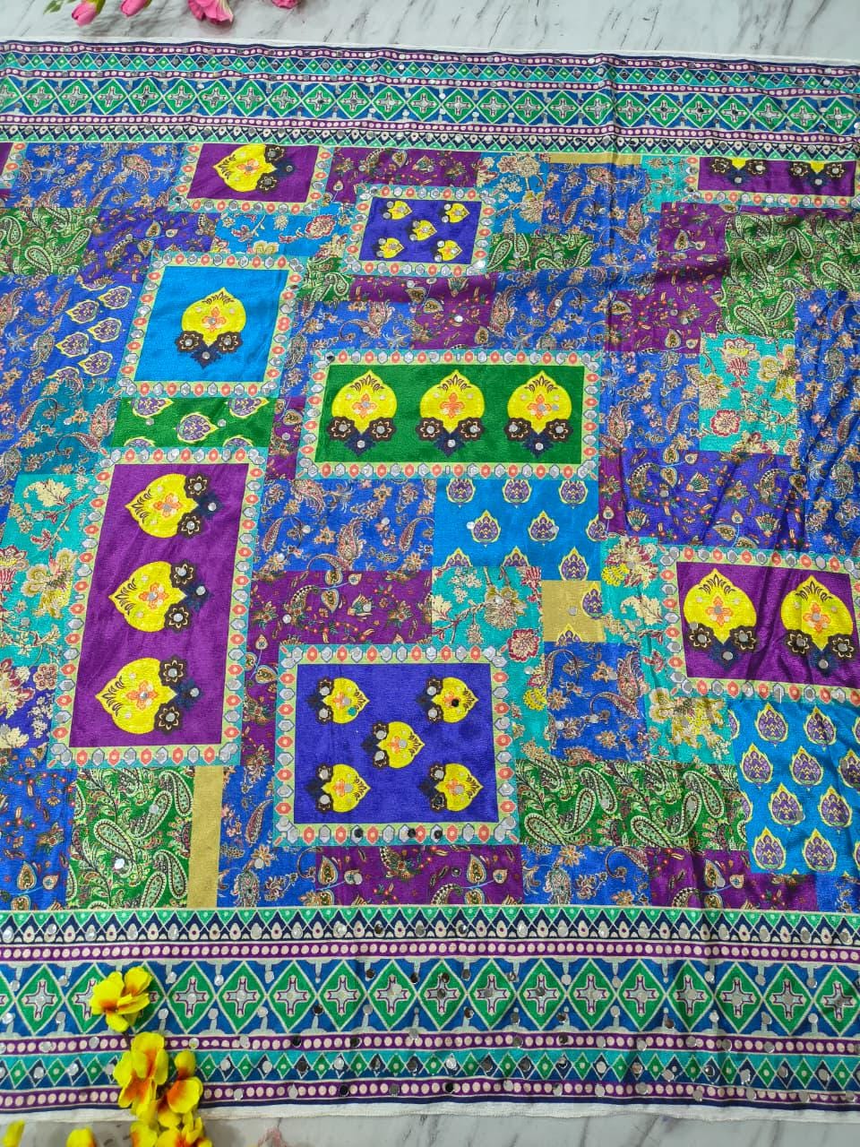 Chinon Silk Saree, Real Mirror Work, Printed Designer, Festive Party Wear (Unstitched Blouse)